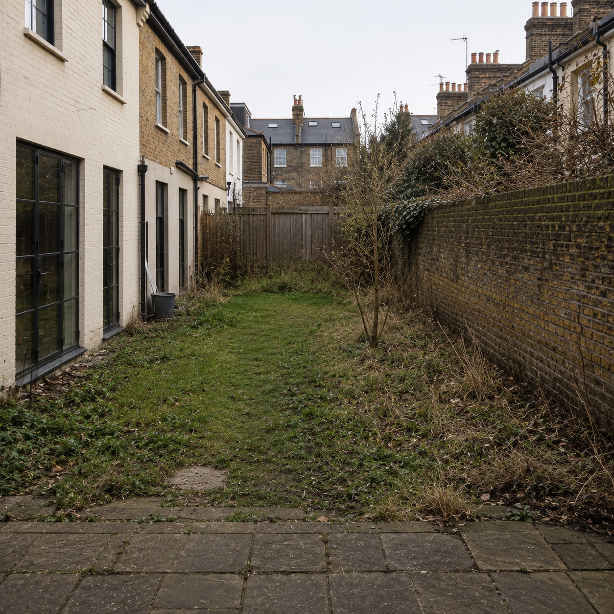 A tired, overgrown London back garden before landscaping
