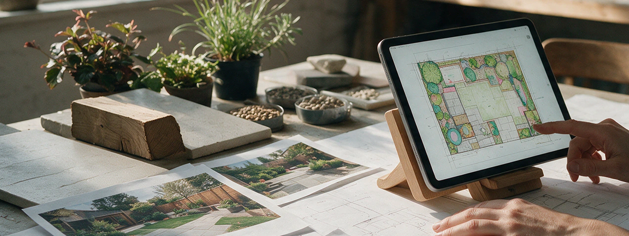 Illustrative landscape design desk with an iPad, plans and material samples