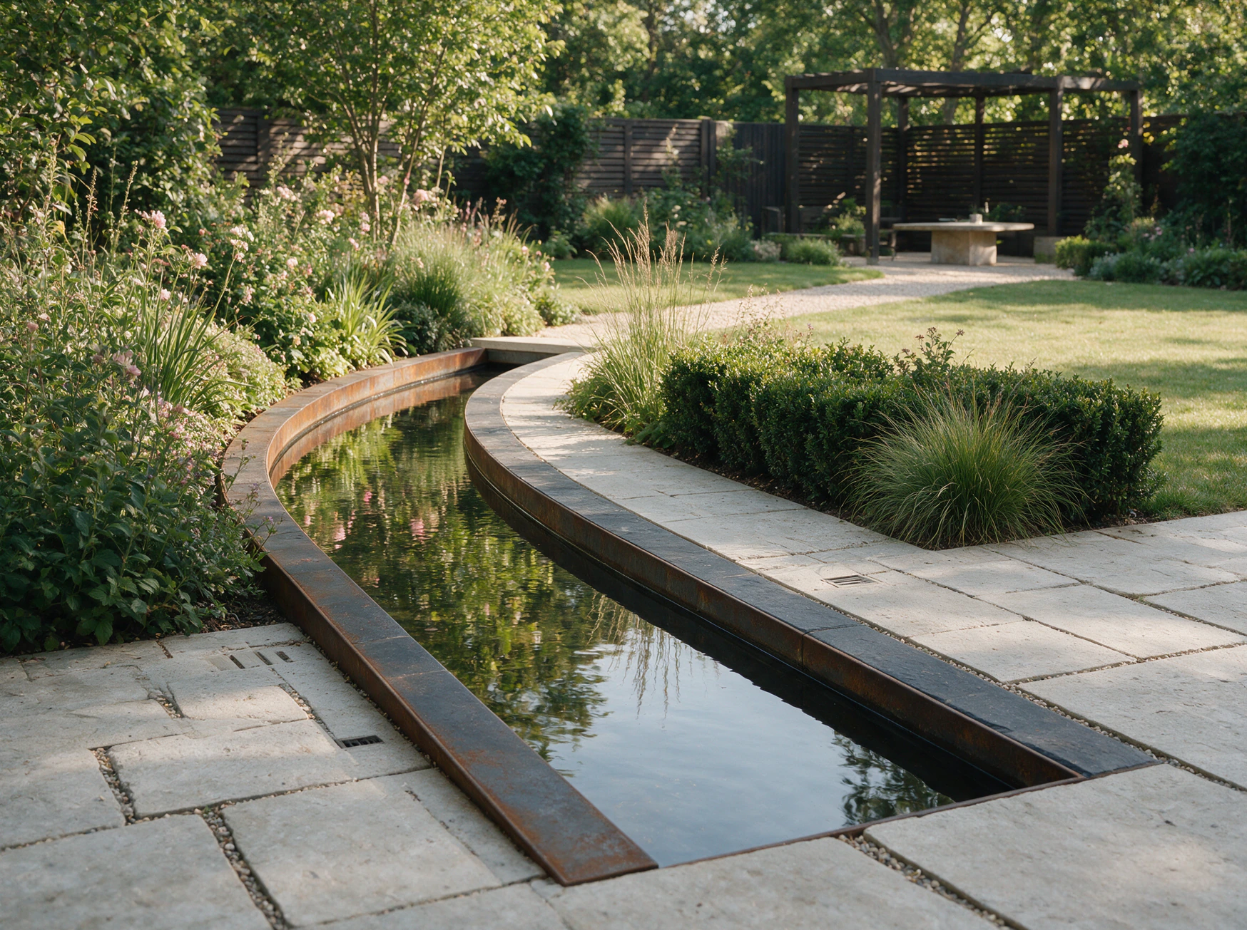 Illustrative curved water feature with planting and stone paving