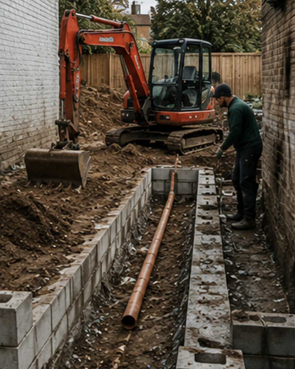 A groundworks crew installing a concrete retaining wall and drainage in a narrow London garden