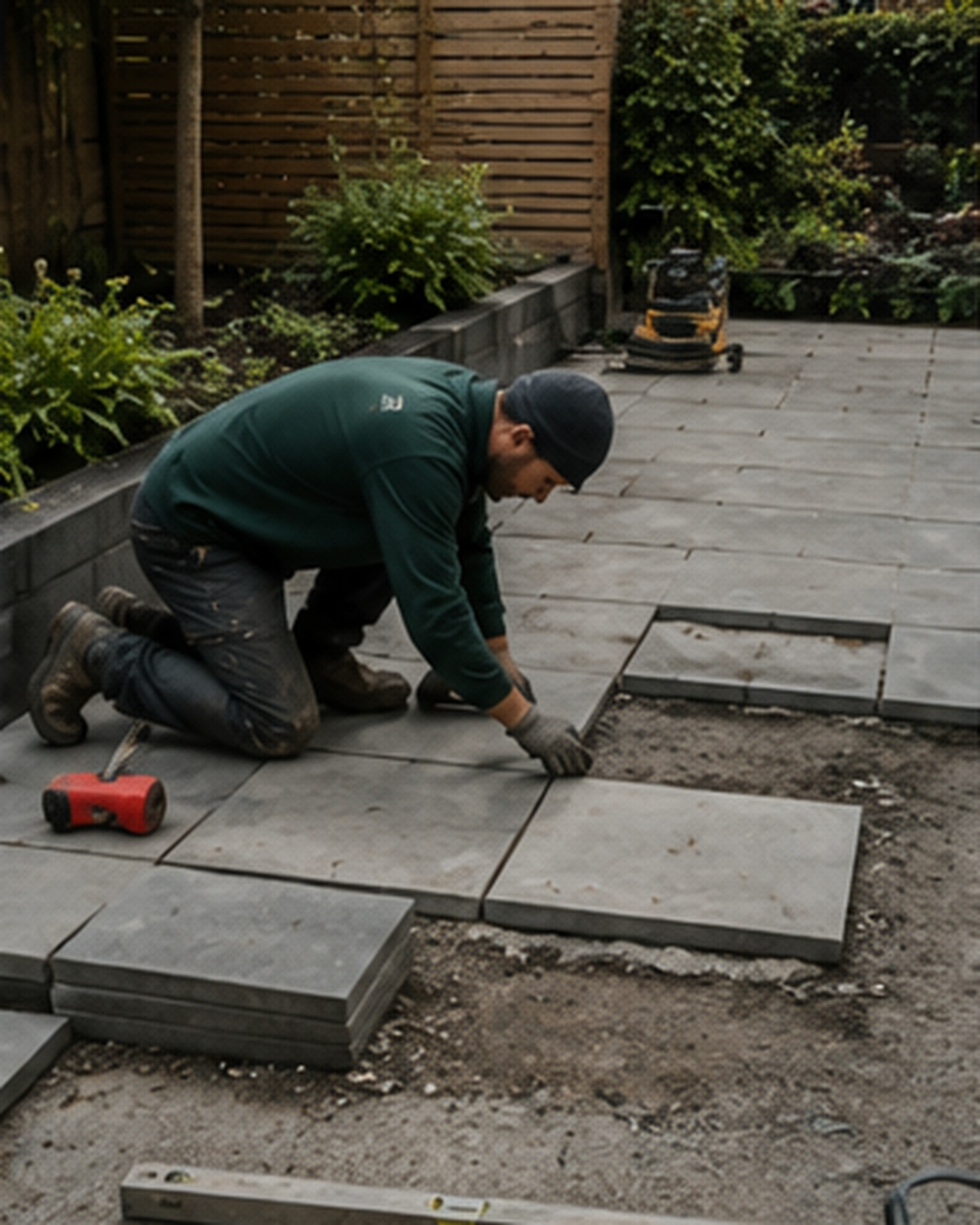 A landscaper laying large grey paving slabs on a prepared base